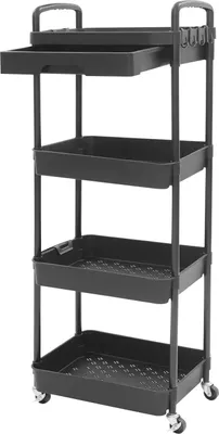 Immagine prodotto di Carrello a 4 ripiani – Carrello di servizio per la cucina – Con cassetto – Struttura in plastica – Su ruote – Nero