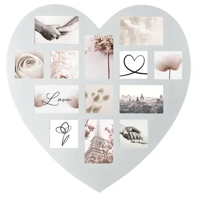 A heart-shaped photo frame collage with multiple small photos of flowers, hands, and cityscapes.