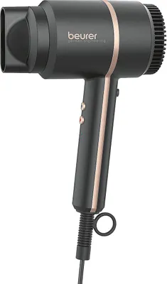 A black Beurer hair dryer with rose gold accents is shown against a white background.