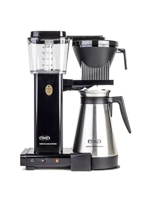 A black and silver Moccamaster coffee maker with a thermal carafe, photographed against a white background.
