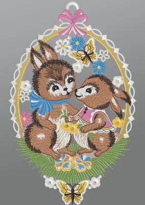 Produktbild von Fensterbild aus Plauener Spitze - Hasenpaar (BxH) 19cm x 31cm, mehrfarbig, Fensterdekoration und Fensterschmuck