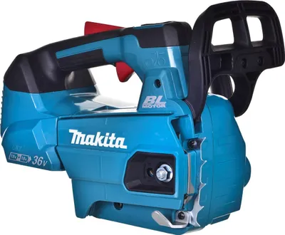 A teal and black Makita chainsaw is shown against a white background.