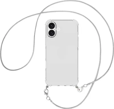 Produktbild von Handykette Backcover-Schutzhülle mit Band (Metall silberfarben) für iPhone 16 Plus - silberfarbene Snake-Kette