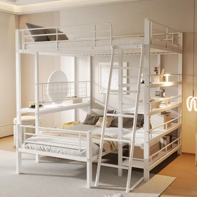 Immagine prodotto di Letto a castello Sweiko con struttura in metallo e letto a soppalco 140x200, letto multifunzionale con diversi scomparti, bianco