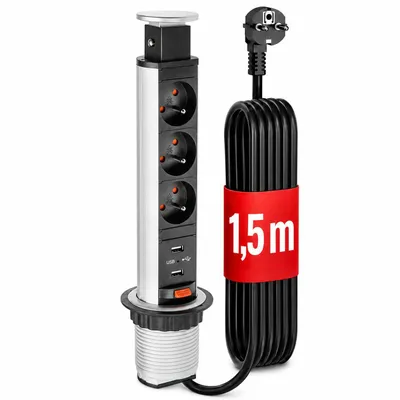 Produktbild von STOLMET Tower Power Silber Tischsteckdose versenkbar, 3x Typ E mit Erdungsstift, 2x USB, 2 m Kabel, Komplett für Tischplatte Küche Büro Arbeitsplatte