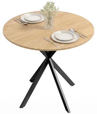 Image de Table de cuisine ronde, 80 cm, plateau compact, aggloméré, métal, chêne blanc + noir