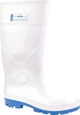 A white rubber boot with a blue sole against a white background.