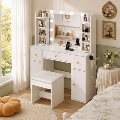 Imagen del producto de Tocador Flieks con espejo LED y organizador de joyas, mesa de maquillaje con estación de carga USB-C, soporte para secador de pelo, cajones y armarios, 115x141x40 cm, blanco