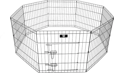 An octagonal wire dog playpen is shown against a white background.