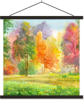 Produktbild von MuchoWow® Textilposter Eine bunte Illustration von Bäumen 60x60 cm mit schwarzem Rahmen - Posteraufhänger