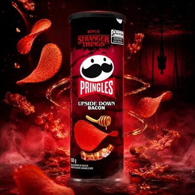 Produktbild von Pringles Stranger Things Limitierte Edition Upside Down Bacon Snack 100g - Candy & Bar, KI-generiertes Bild