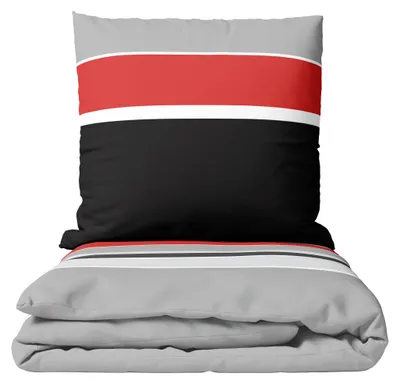Produktbild von Baumwolle Bettwäsche Set 155x220 cm 80x80 cm Grau Rot Gestreift mit Reißverschluss 4 teilig