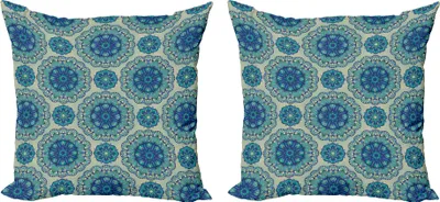 Produktbild von ABAKUHAUS Mandala Kissenbezug Set (2Stück), Oriental Geometrische Blumenelemente Dekoratives Grün-Blau-Töne, 50 x 50 cm, Mehrfarbig
