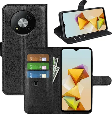 A black leather wallet case for a smartphone, shown open with the phone inside and cards inserted.