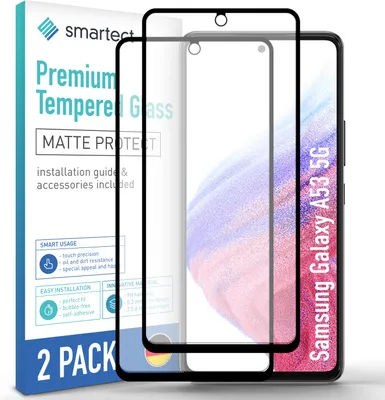 A product shot of a 2-pack of matte screen protectors for a Samsung Galaxy A53 5G, shown with its packaging.