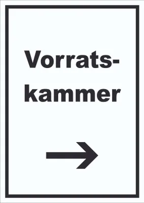Produktbild von Vorratskammer Schild mit Text und Richtungspfeil rechts Pantry Reserve hochkant A6 Rückseite selbstklebend