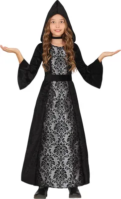 Immagine prodotto di Principessa medievale con cappuccio vestito nero Halloween per bambini Fiaba costume tunica vestito fantasia elegante pizzo indumento magico, dimensioni: 140/146 Colore: nero