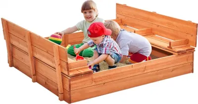Produktbild von Sandkasten aus Holz - Quadratisch - Sandgrube für Kinder von 3 bis 12 Jahren - Hochwertiger Spielplatz im Hinterhof - Langlebig und sicher