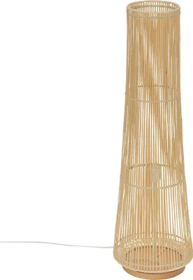 A tall, conical floor lamp made of woven rattan sticks on a wooden base, shown against a white background.