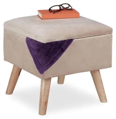 Hocker mit Stauraum, Samt, Holzbeine, 40x40x40 cm, creme