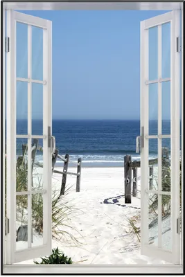 Produktbild von Wallario Wandbild mit Fenster-Illusion: Blick auf Strand, Größe: 61 x 91,5 cm, Poster mit schwarzem Aluminiumrahmen