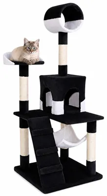 Produktbild von lionto Kratzbaum, stilvoller 133 cm Katzenbaum mit Plüschbezug, robusten Sisalstämmen & vielseitigen Liegeflächen, schwarz/weiß