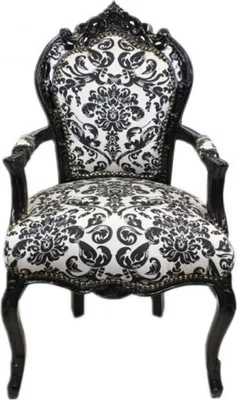Image de Casa Padrino Chaise de salle à manger baroque motif floral noir / blanc avec accoudoirs