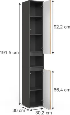 A tall, narrow cabinet with two doors, shown with dimensions indicated.