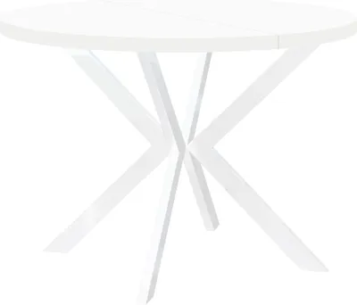 A white round dining table with a unique metal base.