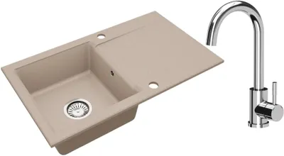 Obrázok produktu pre VBChome Granitový drez 76 x 44 cm Béžový s batériou Jednomiestny vstavaný drez Obojstranný škvrnitý Drez s ľahkou údržbou a sifónom