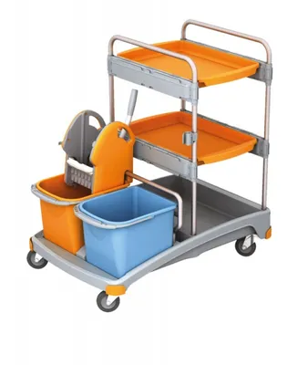 Splast Putzwagen-Set mit 2 Ablageflächen, Moppresse, 2 Eimern und Plastikbasis Splast TSS-0013