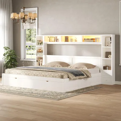 Immagine prodotto di Letto matrimoniale Merax, struttura piatta 180x200 cm, con 7 cassetti, spazio contenitivo, illuminazione LED, testiera con vani portaoggetti, struttura in legno, colore bianco