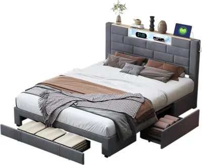 Imagen del producto de Cama Moonbite con almacenamiento, 140x200 cm, tapizada en terciopelo gris, con 3 cajones, iluminación LED, 2 puertos USB y 2 puertos tipo-C: la cama inteligente para una persona