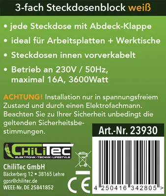 Produktbild von 3-fach Steckdosenblock weiß 250V/ 16A Aufbaumontage mit Klappen