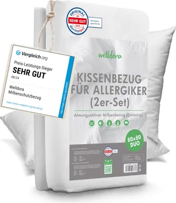 Produktbild von Welldora - 2-Set Milbenbezug Kissen 80x80 - Allergiker Kissenbezug fachärztlich getestet - Encasing gegen Milben & Bettwanzen - Allergiker Bettwäsche