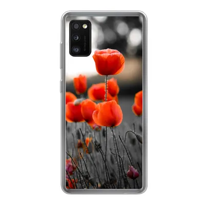 Produktbild von MuchoWow® Handyhülle Schutzhülle Hülle für Samsung Galaxy A41 Rote Mohnblumen vor schwarzem und weißem Hintergrund Silikon Softcase Handy Hülle - Mobiltelefon