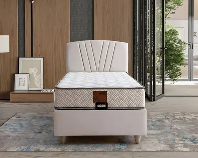 Produktbild von Elegantes Bett mit Matratze aus Textil in Beige