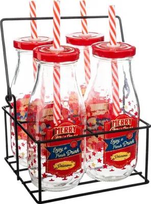 Produktbild von MERRY X-MASS Weihnachtsset: 4x Glas, Stroh, Metallständer, orange Farbe - Fééric Lights and Christmas