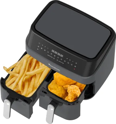 Produktbild von TurboTronic Doppel-Heißluftfritteuse XXL – TT-DAF5 – Dual-Zone Airfryer 9 l mit 2×4,5-l-Kammern, digital, 12 Programme, Smart Finish, 1600 W, Pizzableche, Schwarz grau