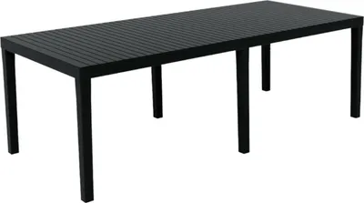 A black rectangular outdoor dining table with slatted top and four legs, isolated on a white background.