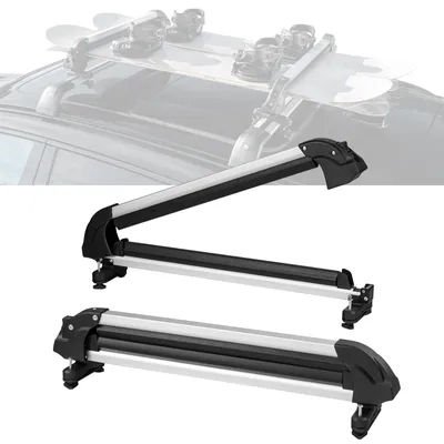 Two ski and snowboard roof racks are shown against a white background. The top rack is shown in a slightly elevated position, while the bottom rack is shown directly on the white background. A faded image of a car roof with skis and snowboards mounted on a