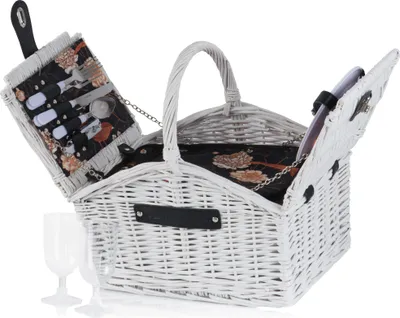 Produktbild von CampFeuer Picknickkorb 2 Personen mit Kühlfach und Geschirr-Set, 12-teilig, Weiß, Weidenkorb