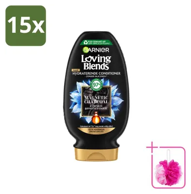 Zdjęcie produktu dla 15 sztuk odżywki Garnier Loving Blends Magnetic Charcoal, przeznaczonej do włosów z tłustą skórą głowy i suchymi końcówkami, pojemność 250 ml - zestaw ekonomiczny