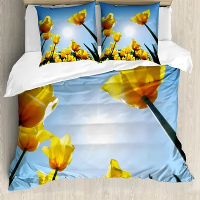 Immagine prodotto di ABAKUHAUS Set copripiumino giallo e blu, campo di tulipani contro il cielo, petali estivi dai colori vivaci, 155 x 220 cm + 80 x 80 cm, verde blu giallo