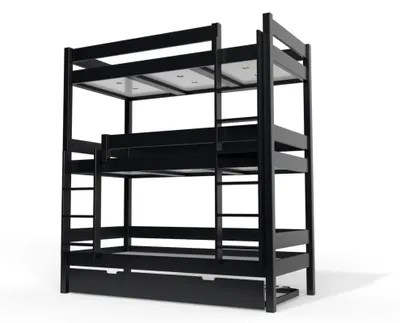Image de Lit superposé 4 places 90x190 en bois massif ABC, Noir