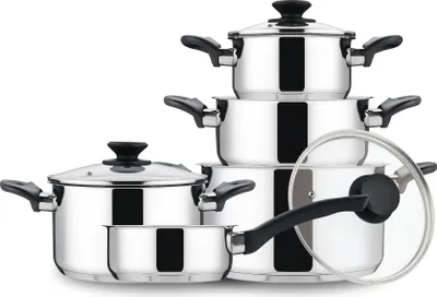 A set of stainless steel pots and pans with black handles and lids, arranged on a white background.