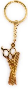 Produktbild von Onwomania Schlüsselanhänger Keychain Golden Metall Anhänger Schere Stylist Friseur Kamm
