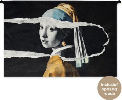 Produktbild von MuchoWow® Wandteppich Wandbehang Mädchen mit Perlenohrring - Gold - Vermeer - Schwarz - Weiß 120x80 cm Tapisserie Dekoration Wandtuch - Wanddekorationen - Wandtücher