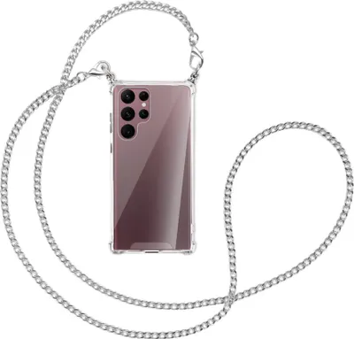Produktbild von Handykette Backcover-Schutzhülle mit Band (Metall silberfarben) für Samsung Galaxy S22 Ultra 5G (S908) - silberfarbene Kette