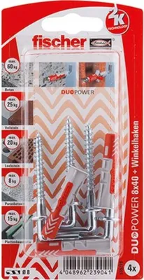 Produktbild von Dübel DUOPOWER 8X40 WH K DE (hellgrau/rot, 4 Stück, mit Winkelhaken)
